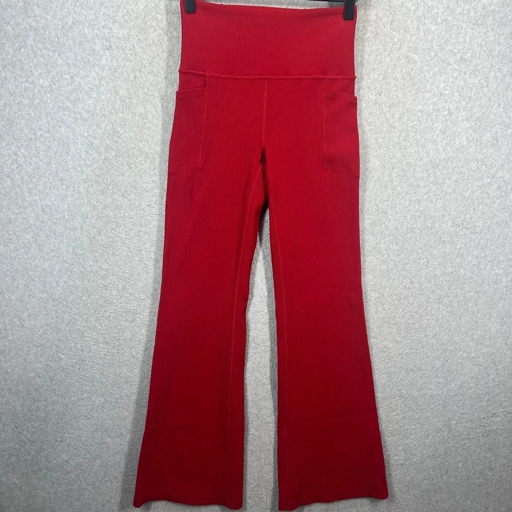 Athleta Salutation Stash Rib Flare Women XS Red Ribbed High Rise Yoga Leggings‎